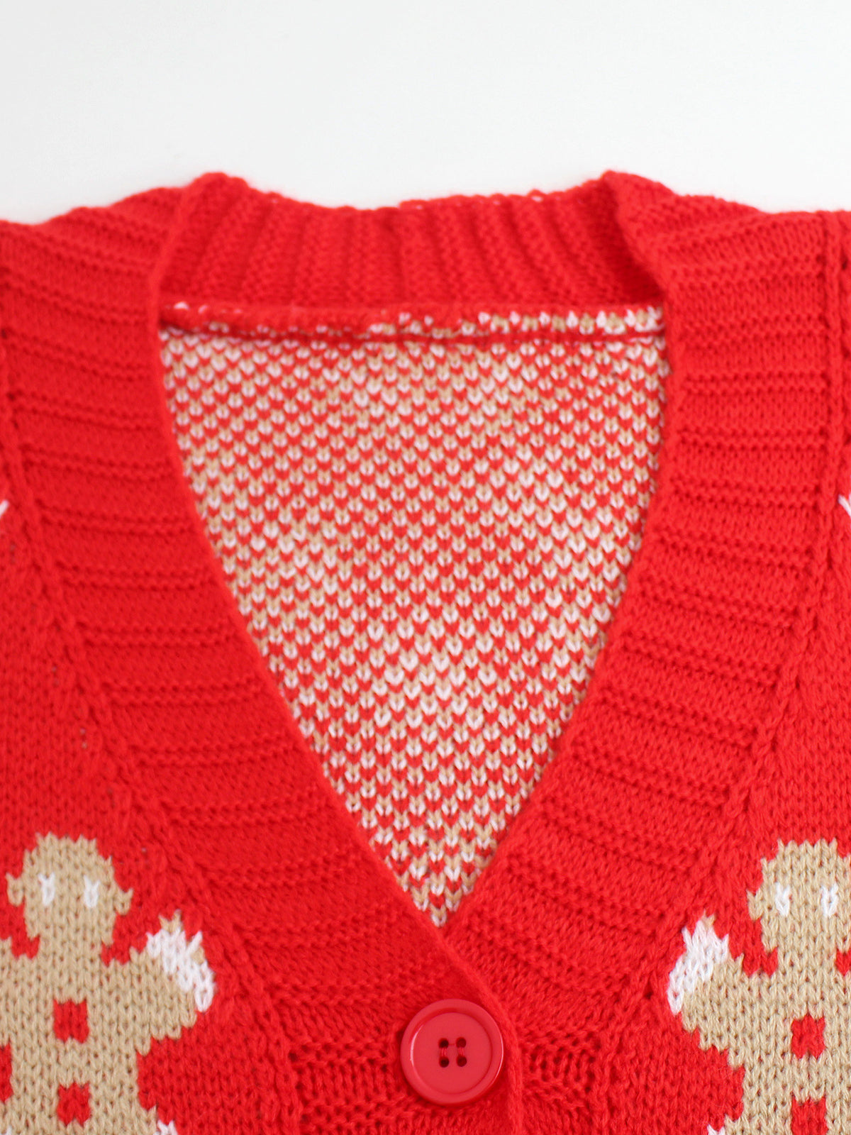 Red Reindeer Gingerbread Jacquard Knit V-Neck Cardigan - Red - 2