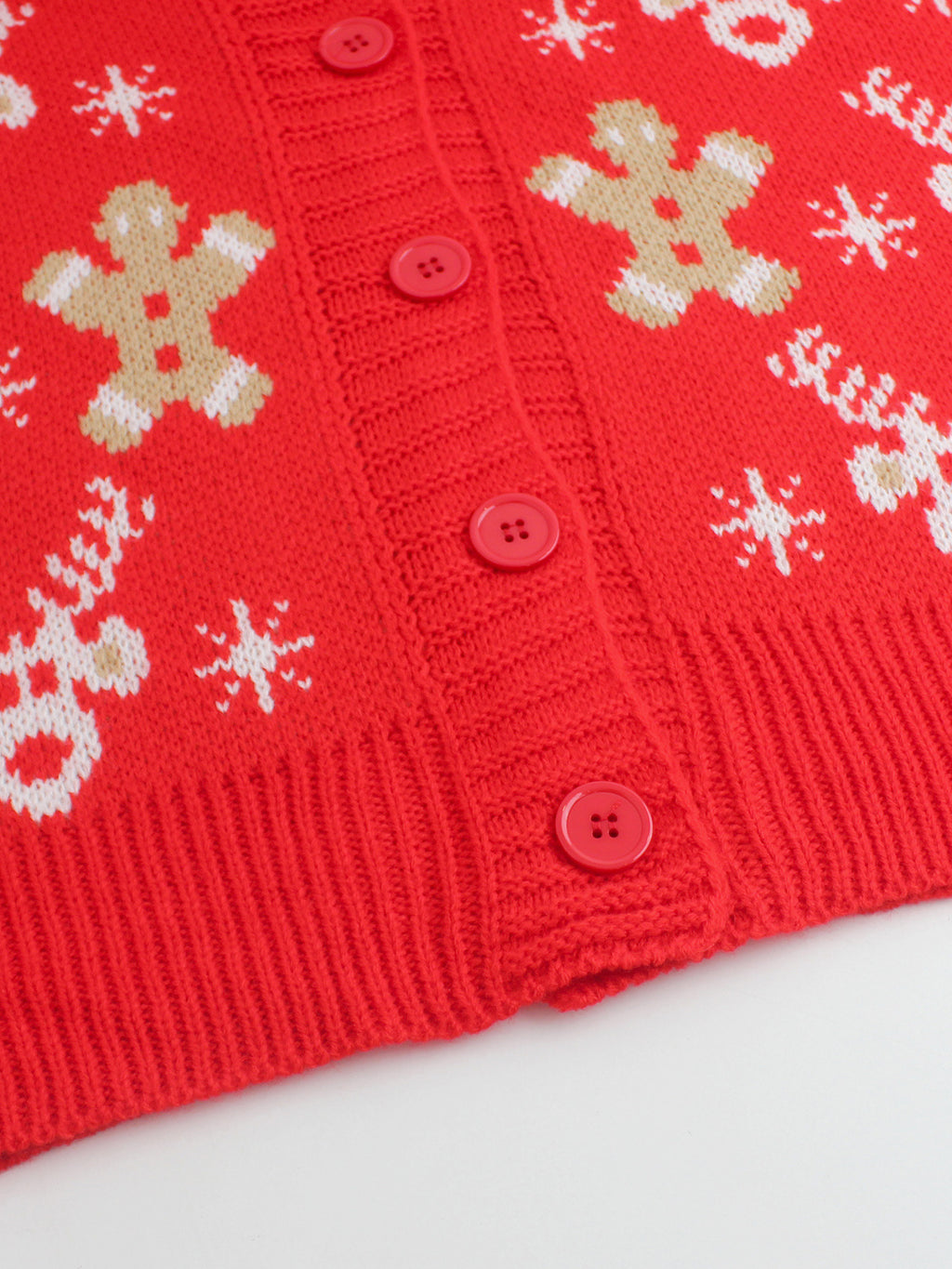 Red Reindeer Gingerbread Jacquard Knit V-Neck Cardigan - Red - 4