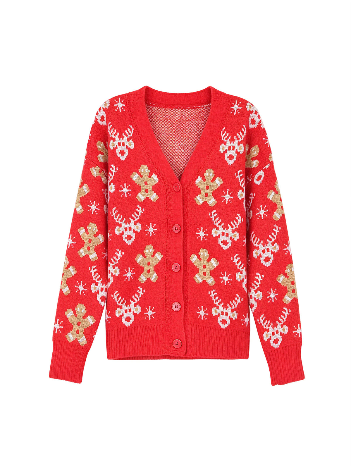 Red Reindeer Gingerbread Jacquard Knit V-Neck Cardigan - Red - 5