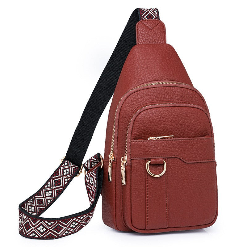 Multi Pocket Sling Bag With Jacquard Strap - Brick Red