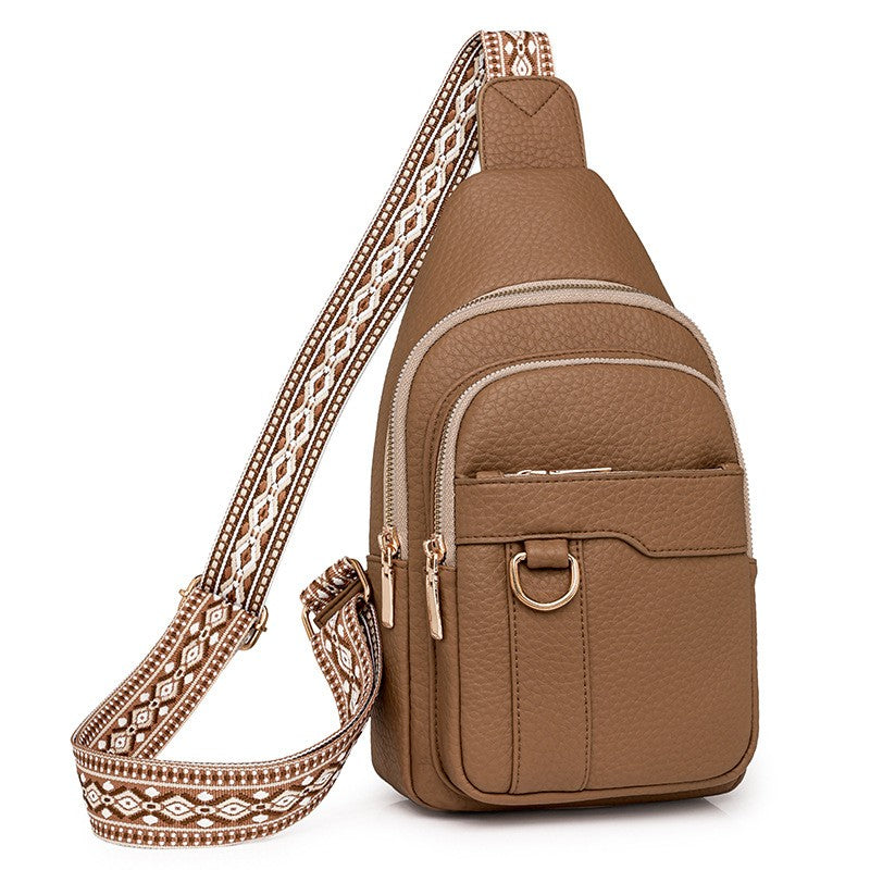 Multi Pocket Sling Bag With Jacquard Strap - Camel