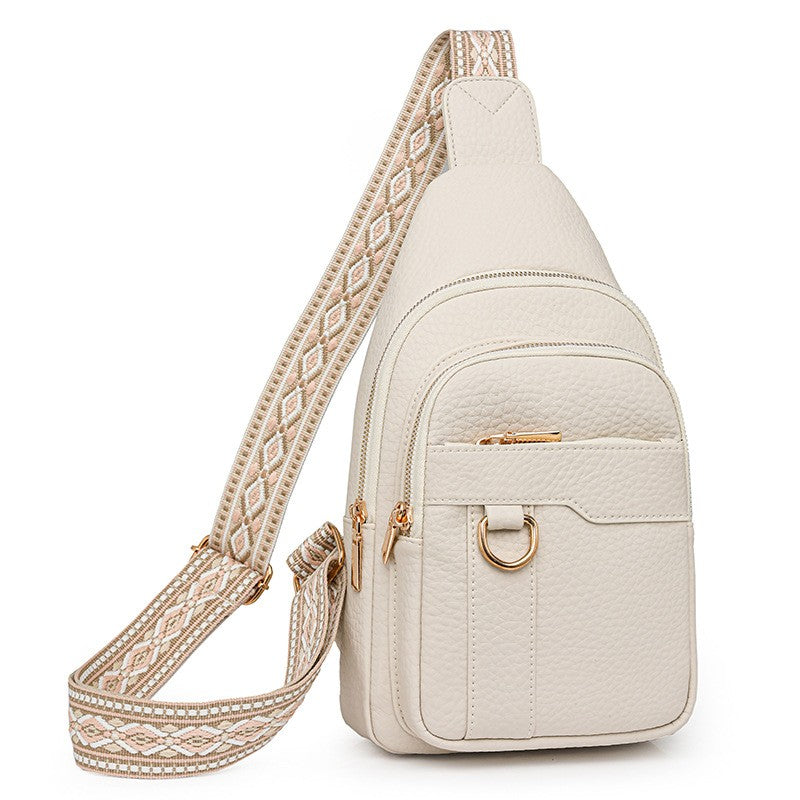 Multi Pocket Sling Bag With Jacquard Strap - Cream