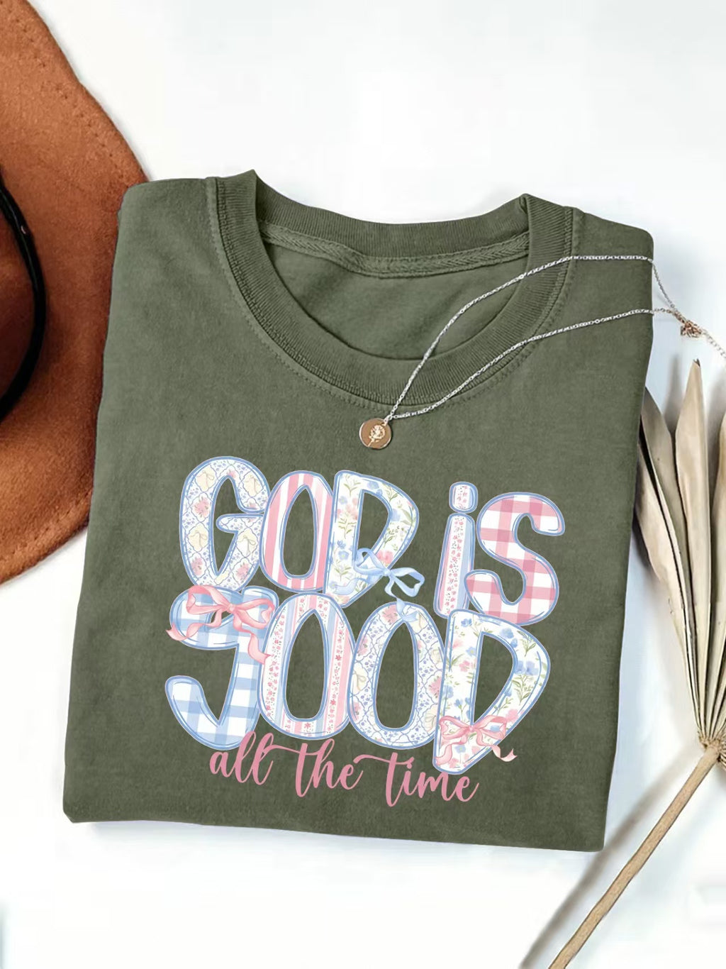 Faith Slogan Floral Print Graphic T-Shirt - Green