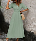 Button Front V Neck Flared Maxi Dress - Green