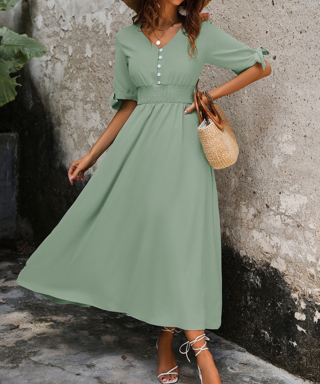 Button Front V Neck Flared Maxi Dress - Green - 1