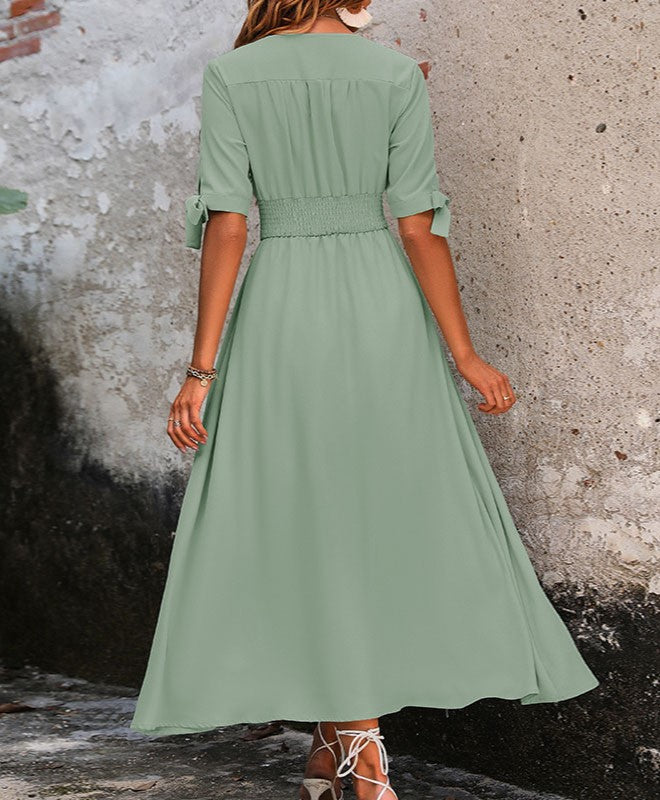 Button Front V Neck Flared Maxi Dress - Green - 2