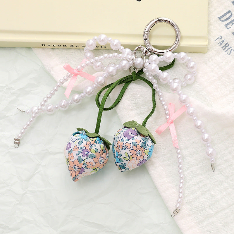 Fabric Strawberry Bow Pearl Beaded Keychain - Blue