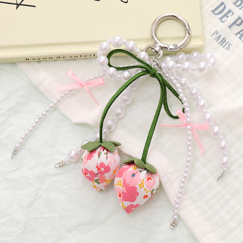 Fabric Strawberry Bow Pearl Beaded Keychain - Pink