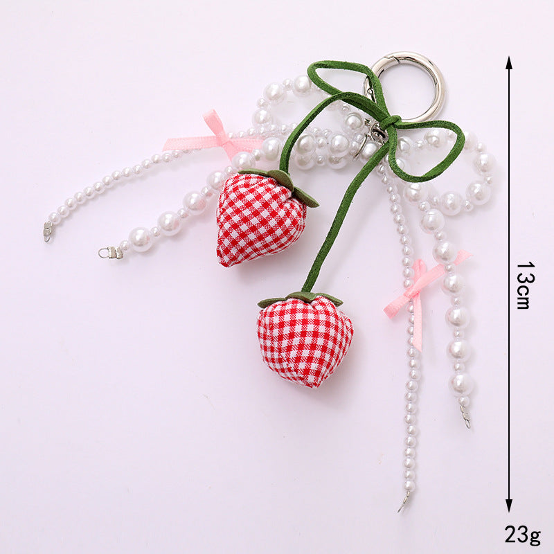 Fabric Strawberry Bow Pearl Beaded Keychain - Red