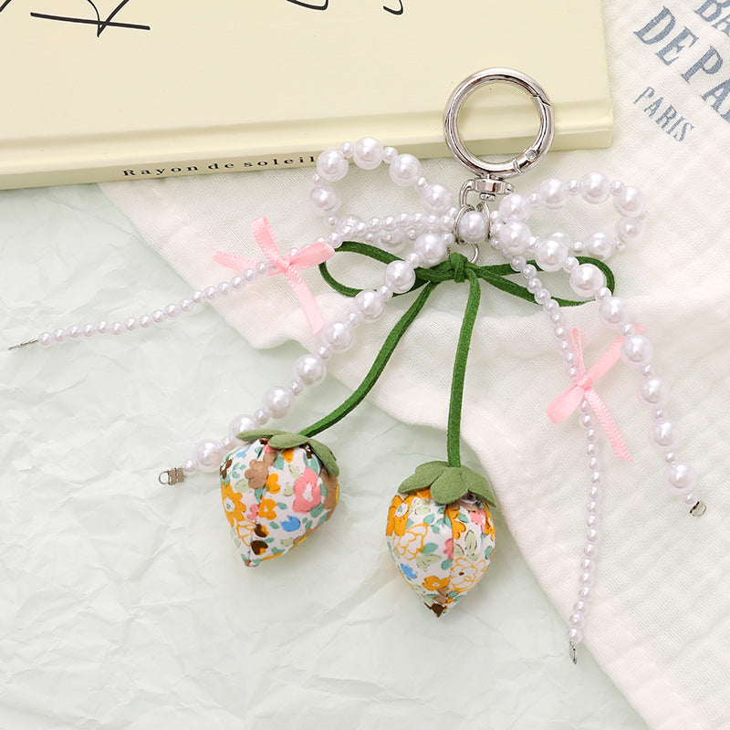Fabric Strawberry Bow Pearl Beaded Keychain - Yellow