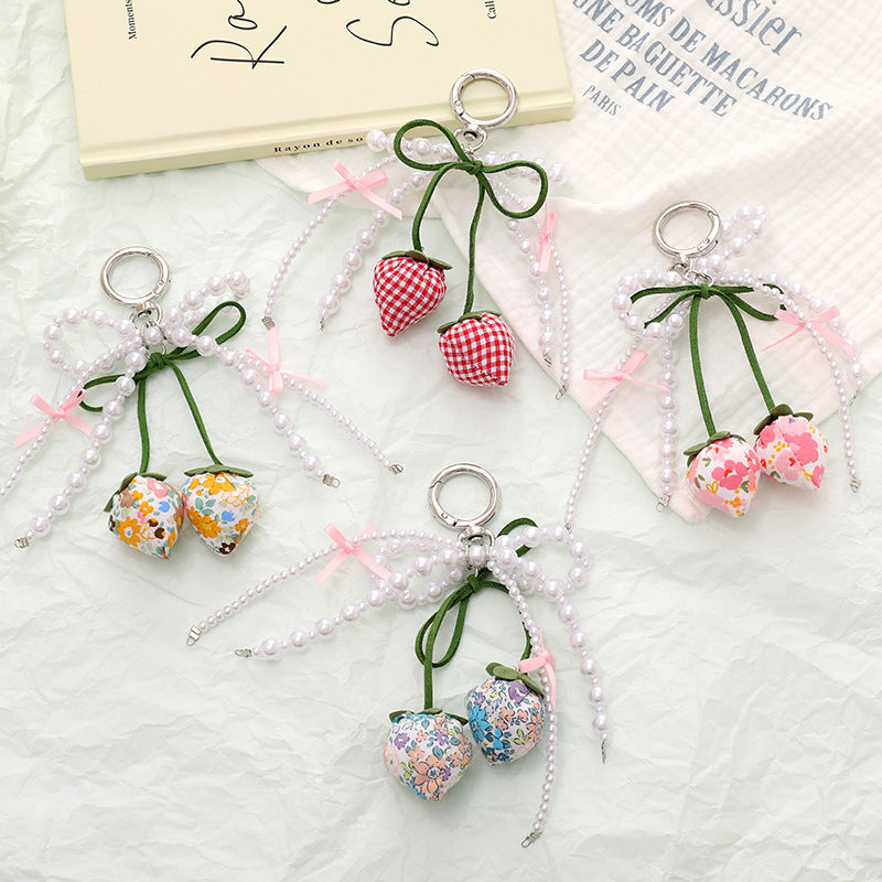 Fabric Strawberry Bow Pearl Beaded Keychain - view 1