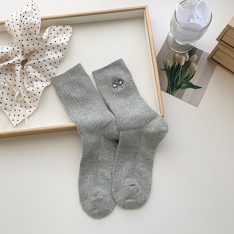Embroidered Bow Ribbed Crew Socks - Grey - 1