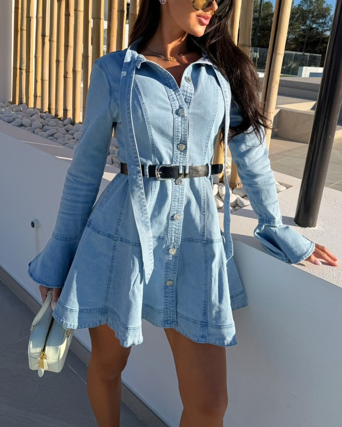 Belted Flare Sleeve Denim Mini Dress - Blue - 1