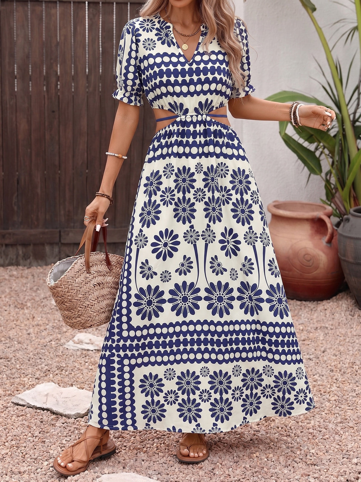 Boho Medallion Print Tie Waist Maxi Dress - Darkblue