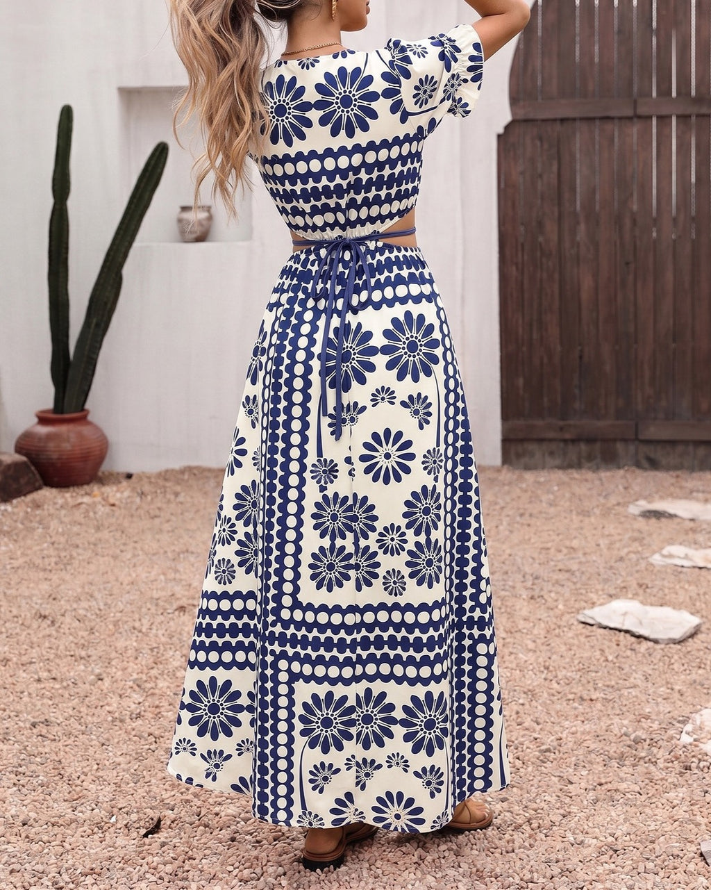 Boho Medallion Print Tie Waist Maxi Dress - Darkblue - 3