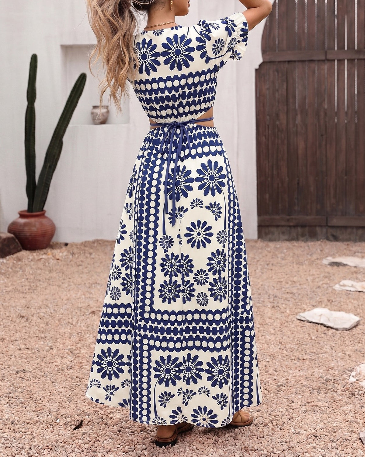 Boho Medallion Print Tie Waist Maxi Dress - Darkblue - 3