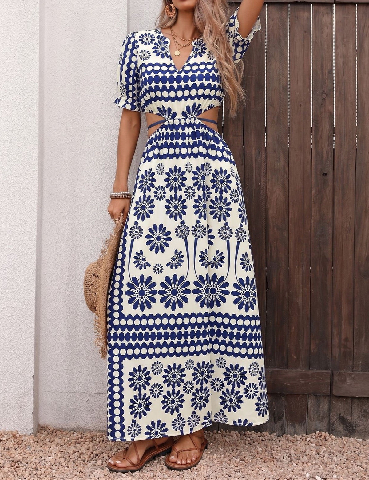 Boho Medallion Print Tie Waist Maxi Dress - Darkblue - 5