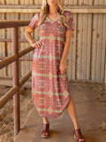 Southwestern Geometric Print Slit Maxi Dress - Coral