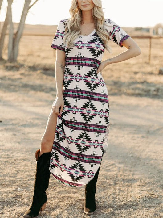 Southwestern Geometric Print Slit Maxi Dress - White