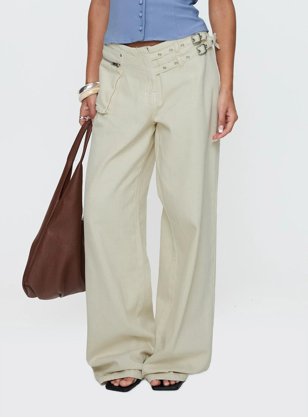Adjustable Buckle Waist Baggy Trousers - Beige