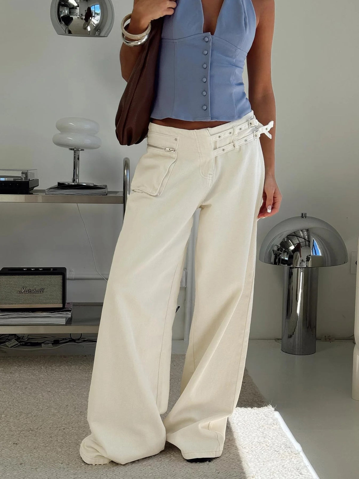 Adjustable Buckle Waist Baggy Trousers - Beige - 1