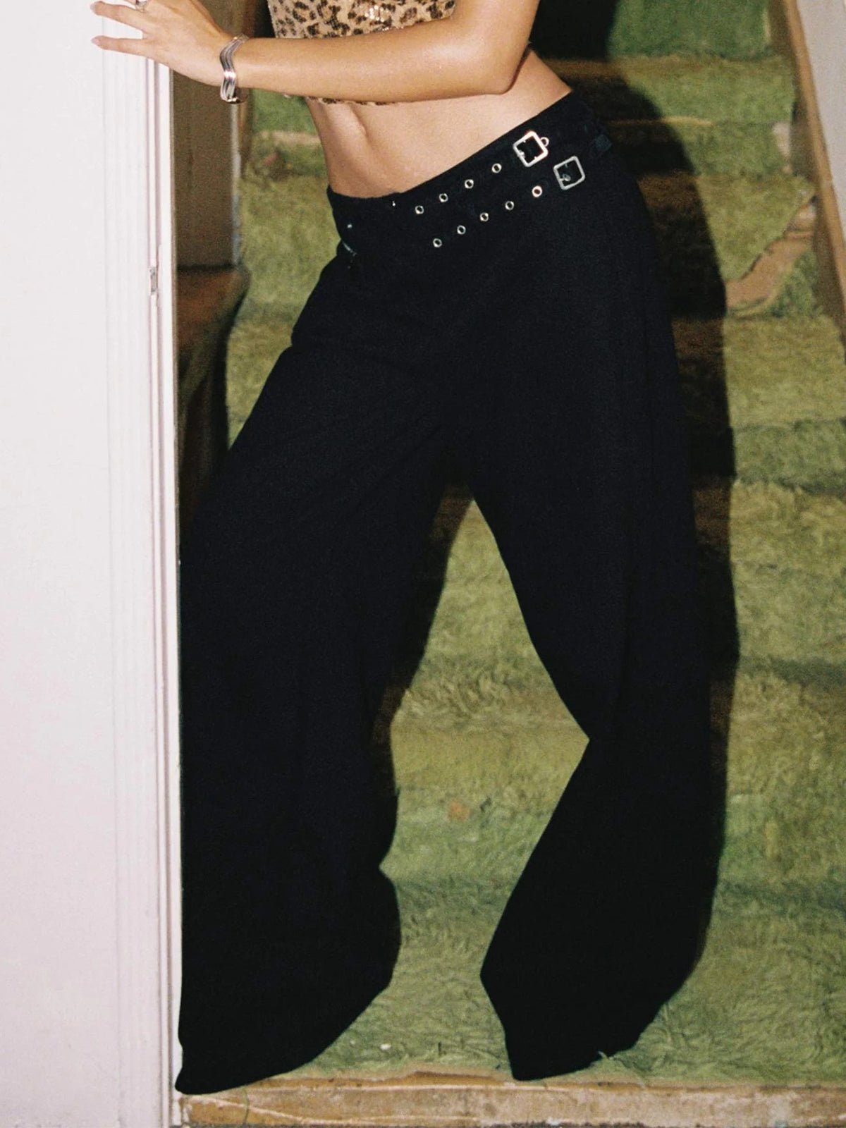 Adjustable Buckle Waist Baggy Trousers - Black - 1
