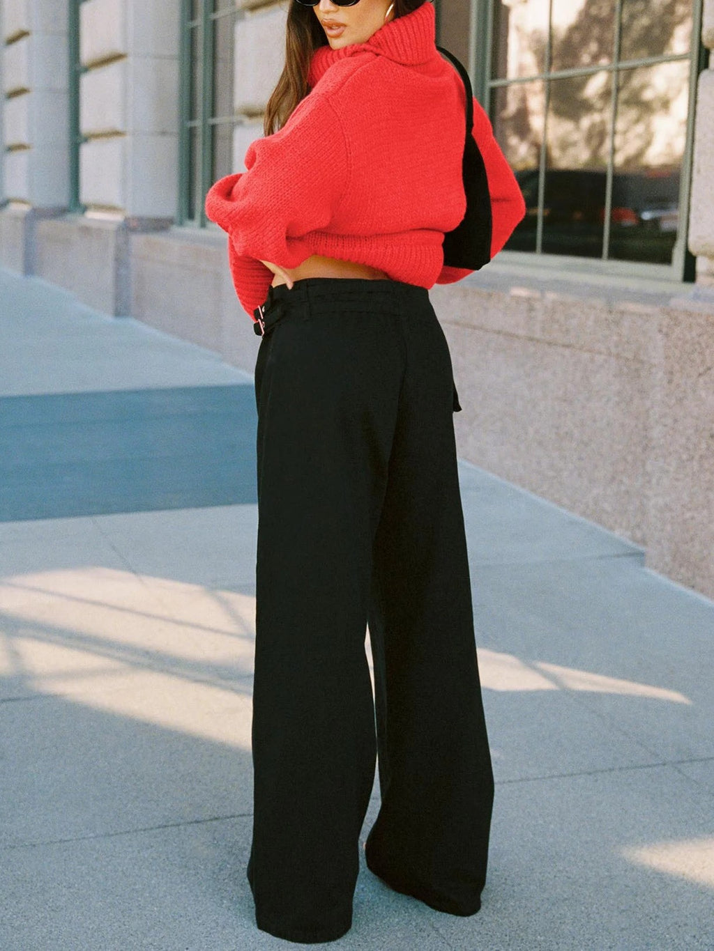 Adjustable Buckle Waist Baggy Trousers - Black - 2