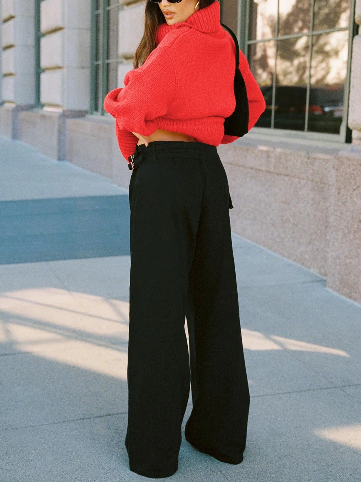 Adjustable Buckle Waist Baggy Trousers - Black - 2