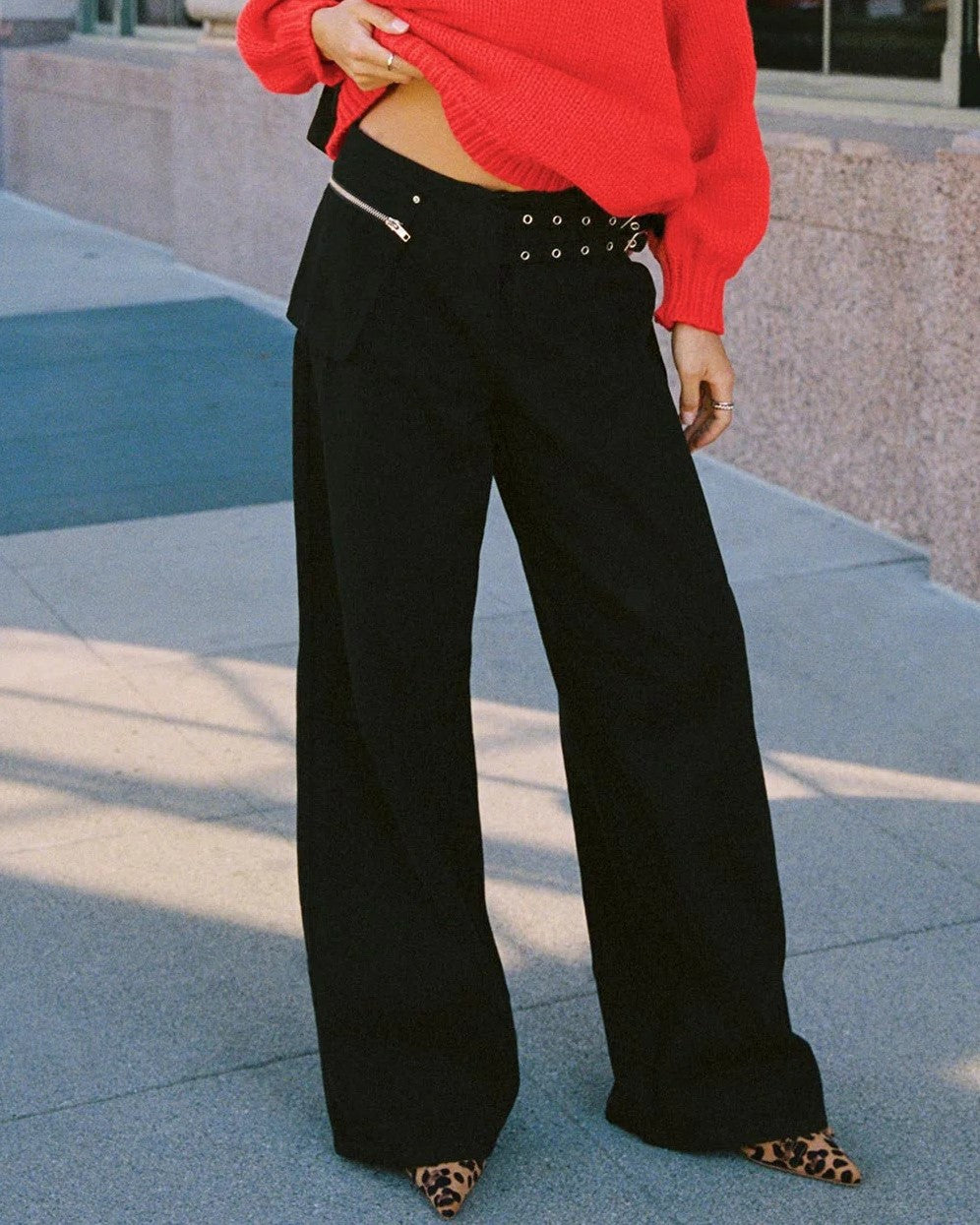 Adjustable Buckle Waist Baggy Trousers - Black - 3