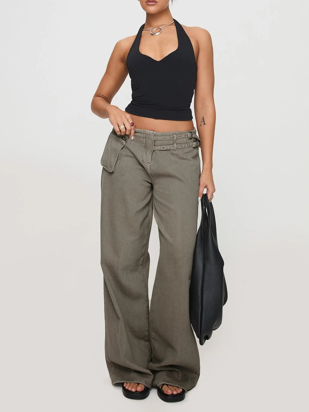 Adjustable Buckle Waist Baggy Trousers - DarkGray - 2