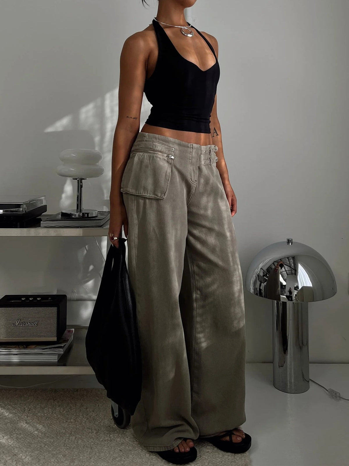 Adjustable Buckle Waist Baggy Trousers - DarkGray - 3