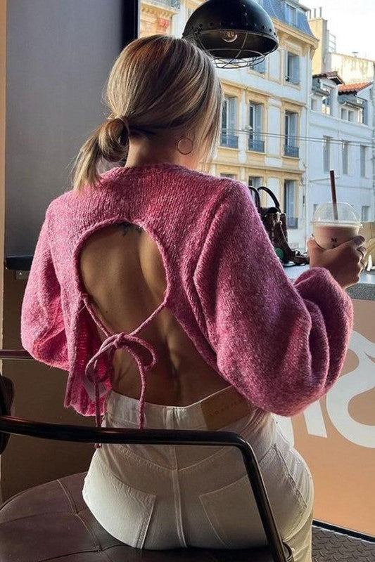 Lace Up Open Back Cropped Knit Top - Pink