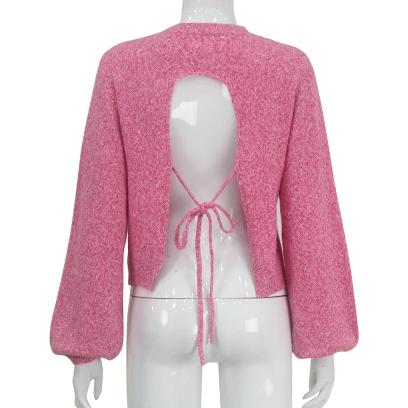 Lace Up Open Back Cropped Knit Top - Pink - 3