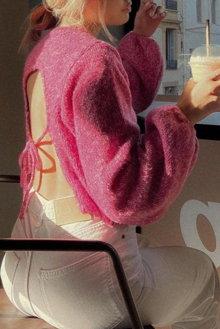 Lace Up Open Back Cropped Knit Top - Pink - 8