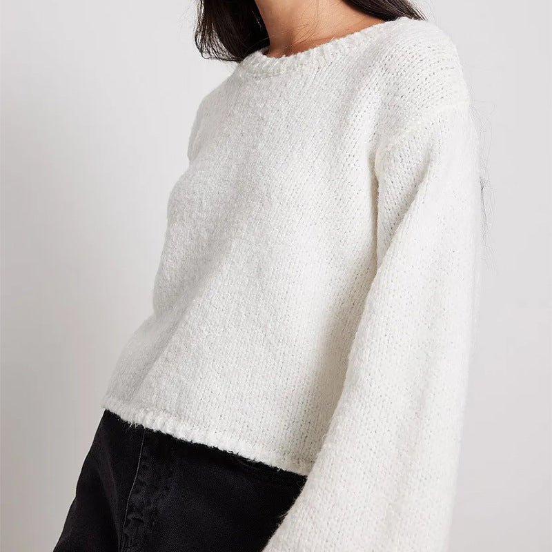 Lace Up Open Back Cropped Knit Top - White - 1