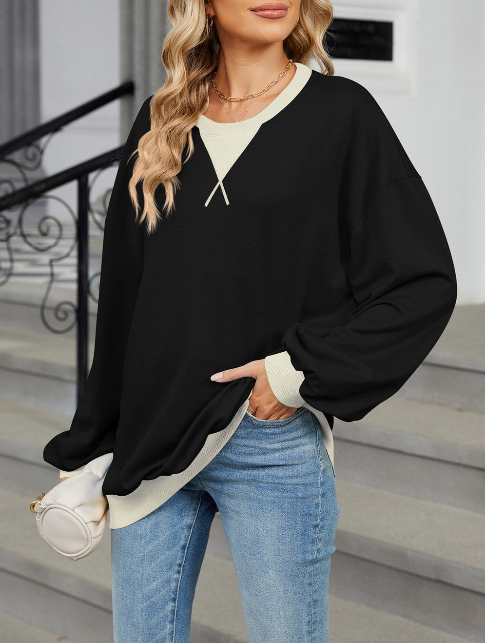 Contrast Trim Oversized Crewneck Sweatshirt - Black