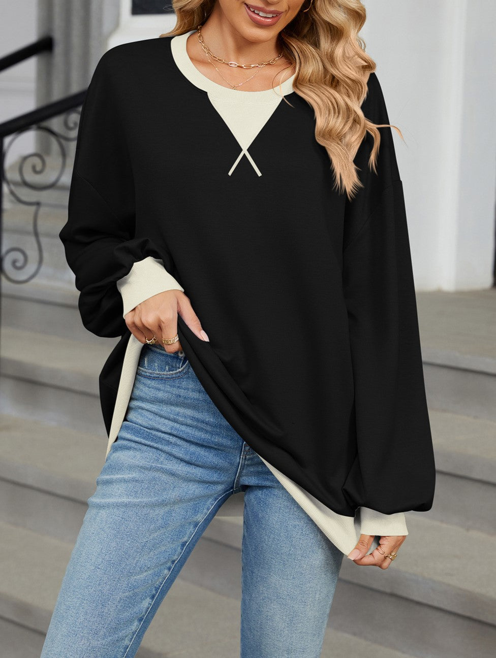 Contrast Trim Oversized Crewneck Sweatshirt - Black - 1