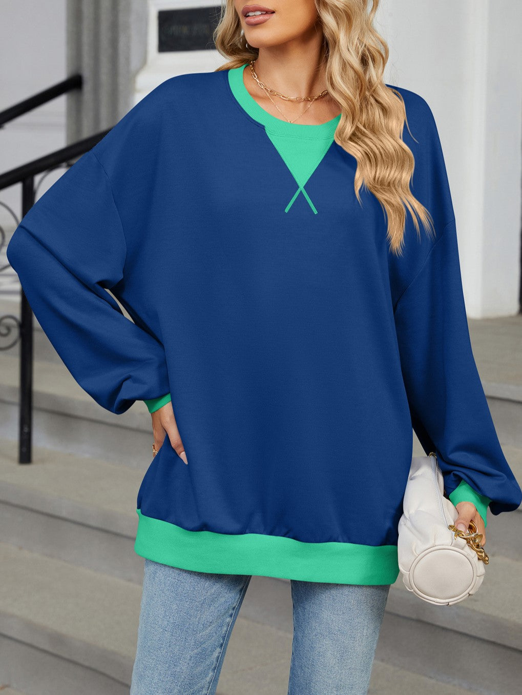 Contrast Trim Oversized Crewneck Sweatshirt - Darkblue