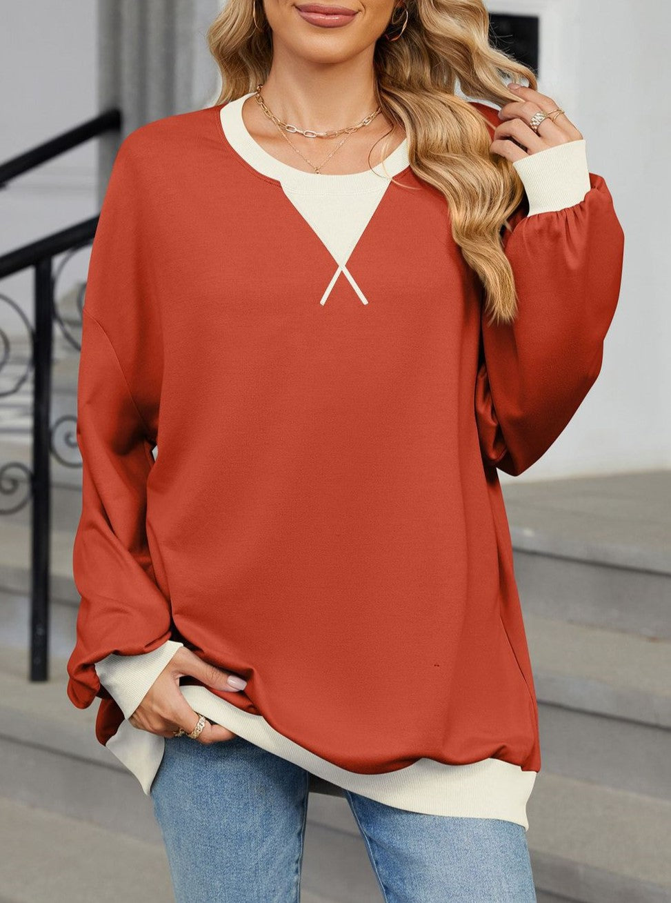 Contrast Trim Oversized Crewneck Sweatshirt - Orange - 1
