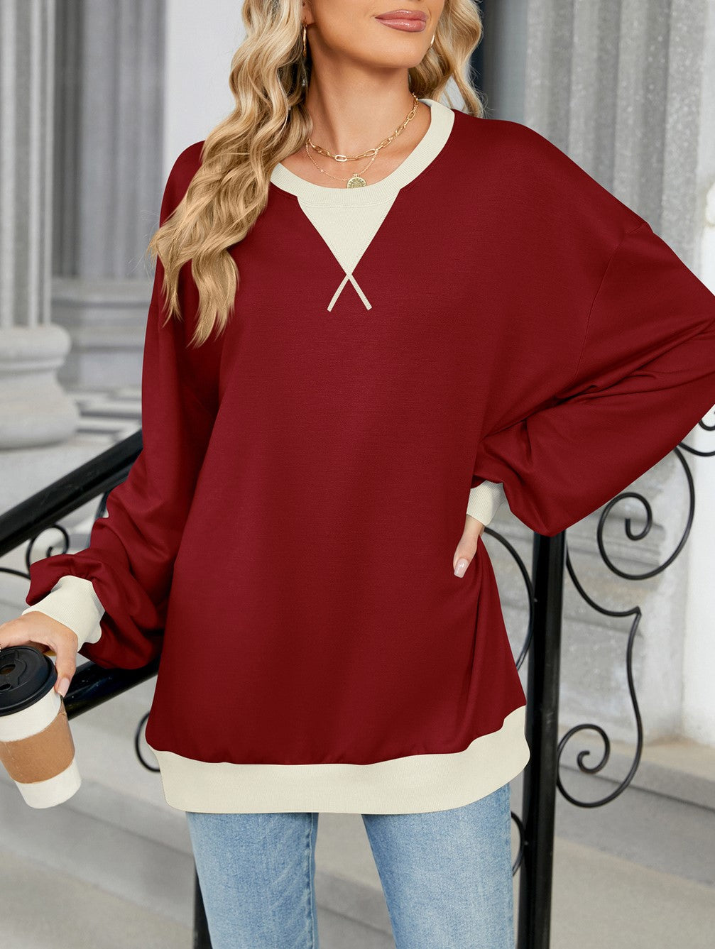 Contrast Trim Oversized Crewneck Sweatshirt - Winered