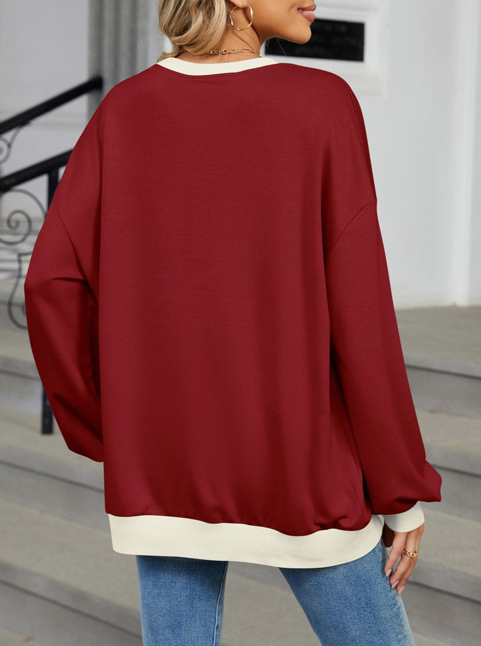 Contrast Trim Oversized Crewneck Sweatshirt - Winered - 1