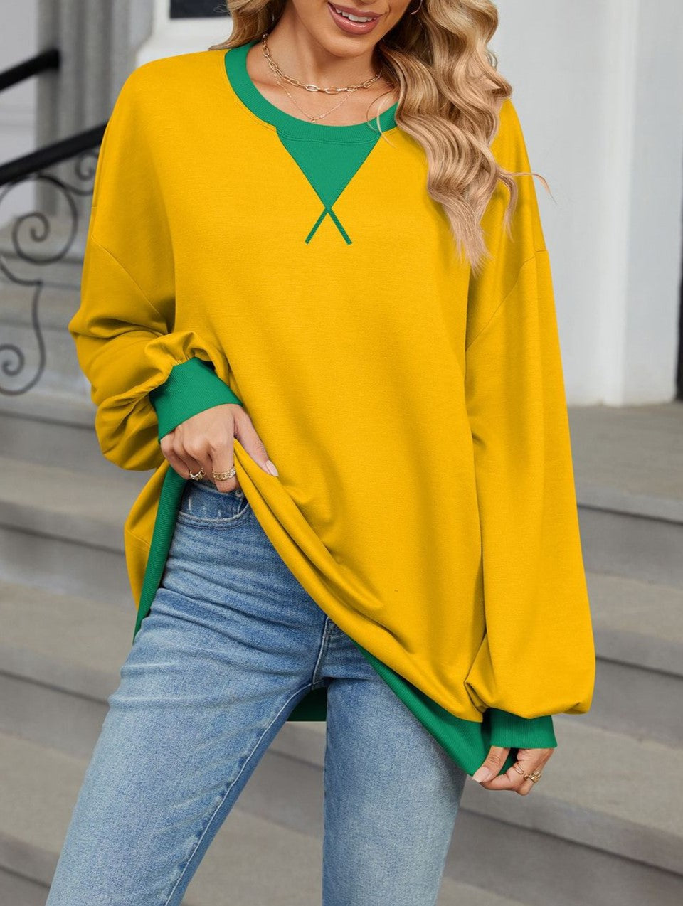 Contrast Trim Oversized Crewneck Sweatshirt - Yellow - 1