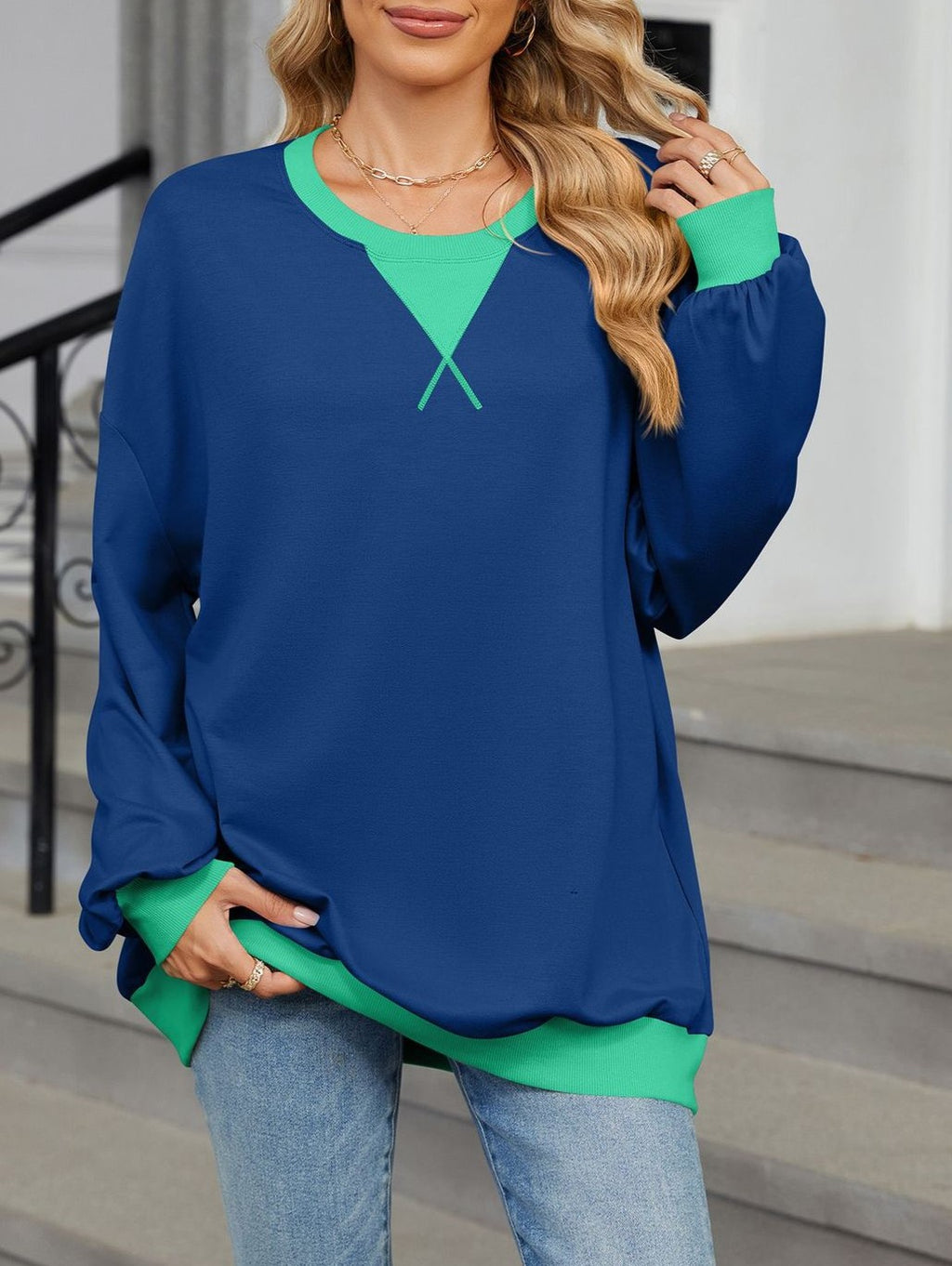 Contrast Trim Oversized Crewneck Sweatshirt - view 1