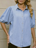 Puff Sleeve Chambray Button Down Shirt - Blue