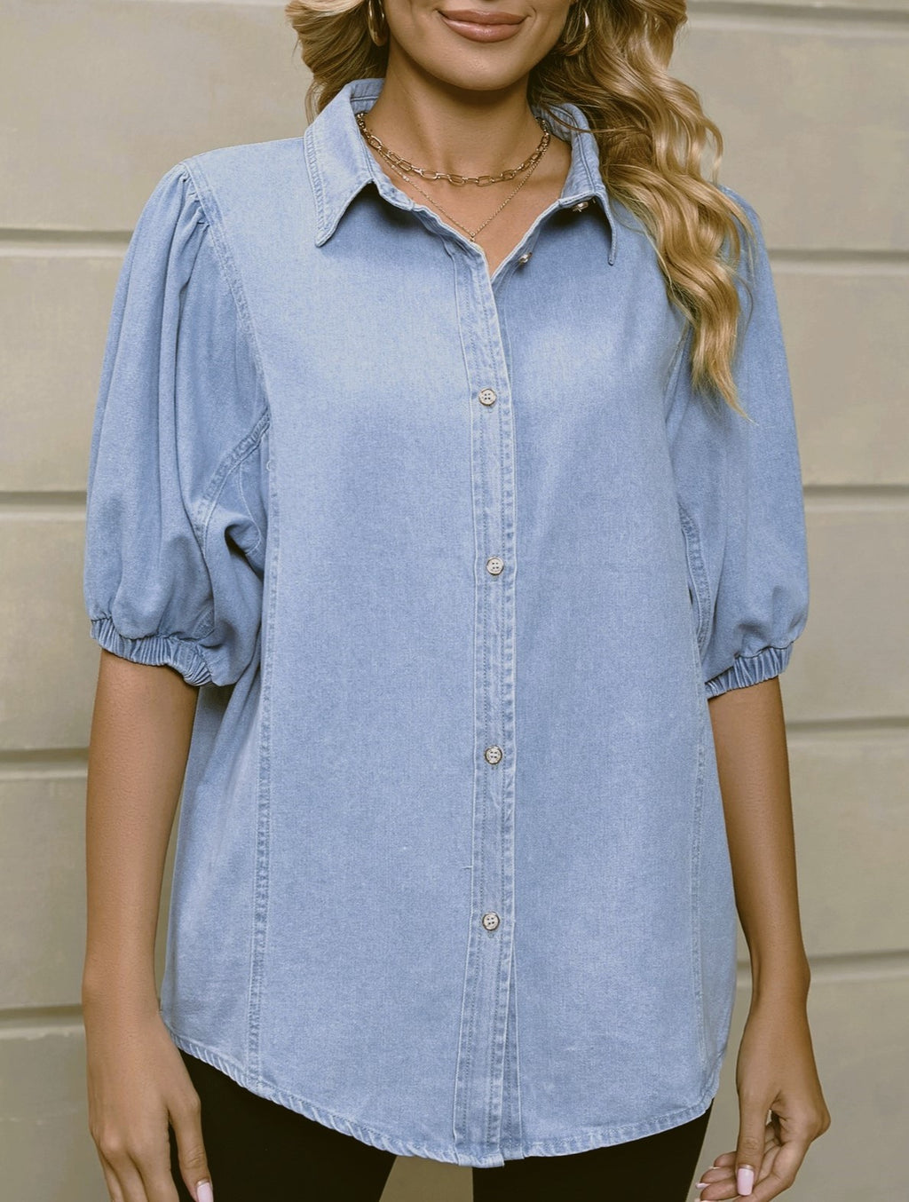 Puff Sleeve Chambray Button Down Shirt - Blue - 1