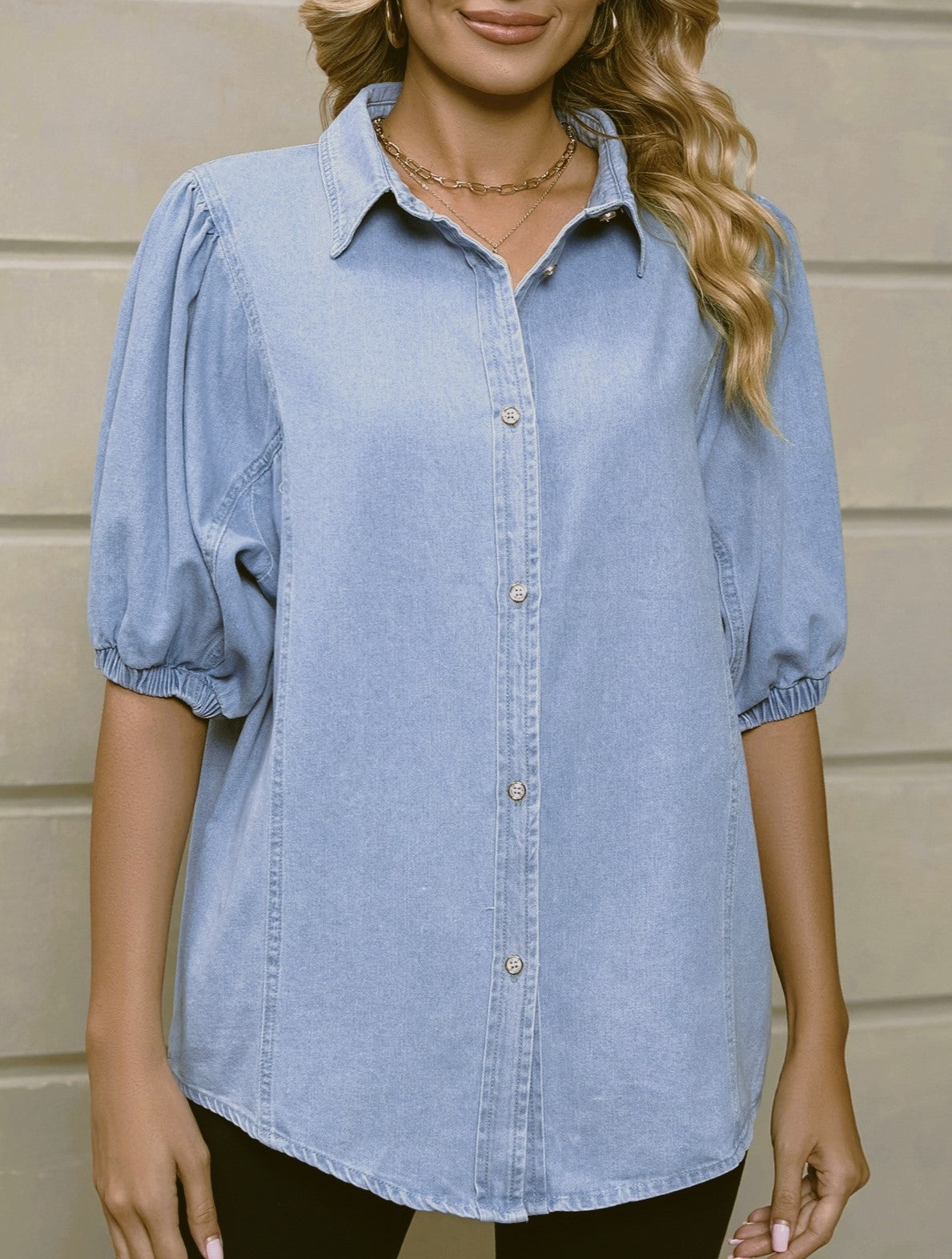 Puff Sleeve Chambray Button Down Shirt - Blue - 1