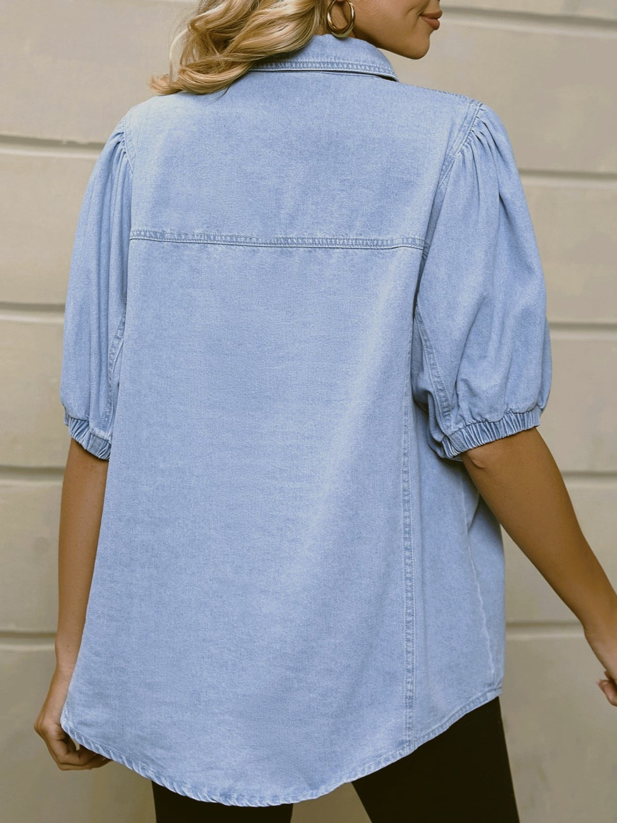 Puff Sleeve Chambray Button Down Shirt - Blue - 3