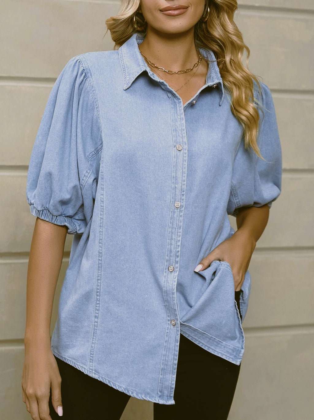 Puff Sleeve Chambray Button Down Shirt