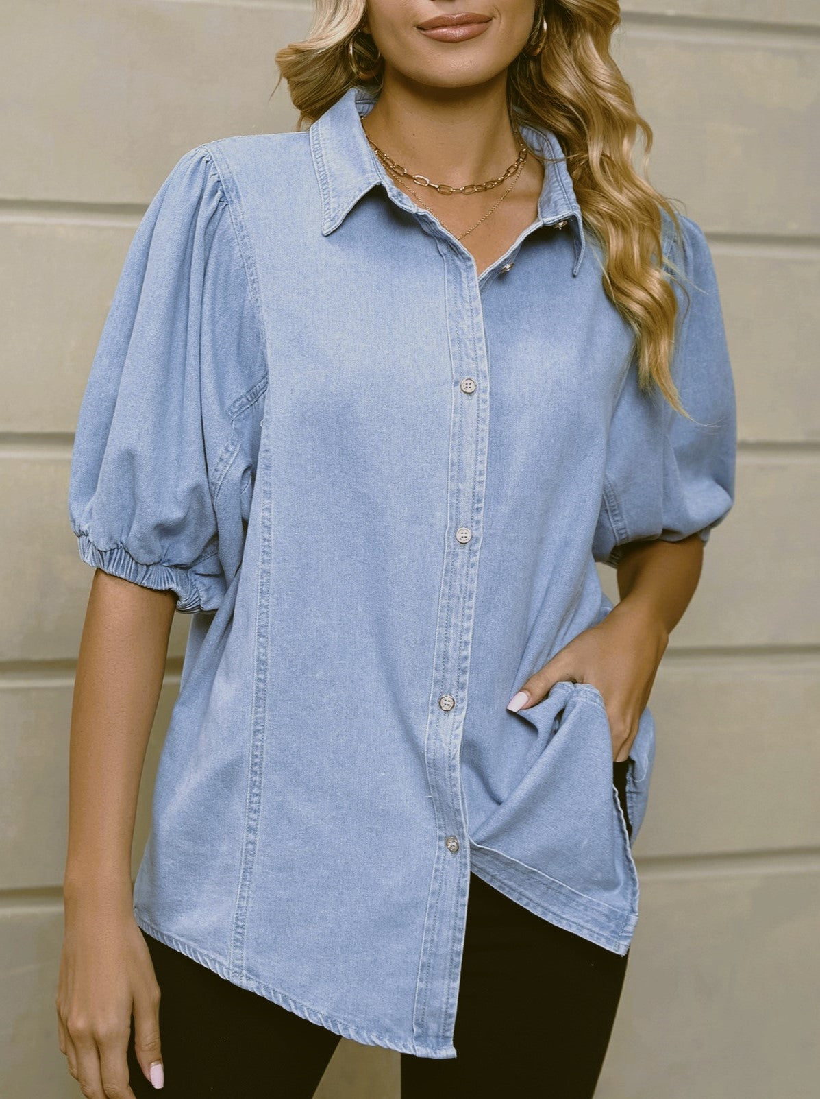 Puff Sleeve Chambray Button Down Shirt