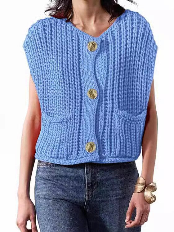 Boxy Chunky Knit Cap Shoulder Button Cardigan - blue - 1